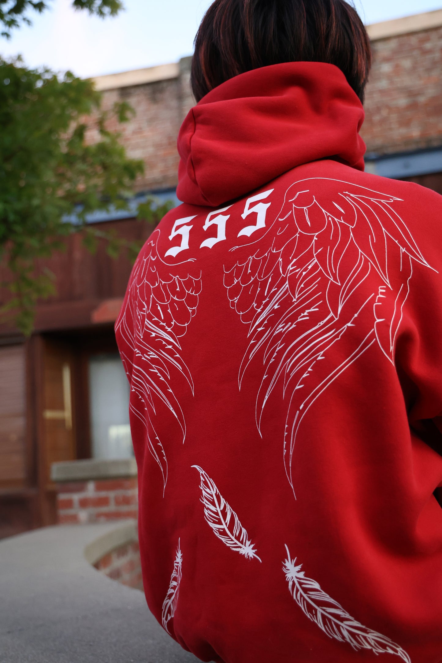Back view of Rebirth Angel Wings Oversize Hoodie in burgundy showing falling feathers design and premium heavyweight cotton blend