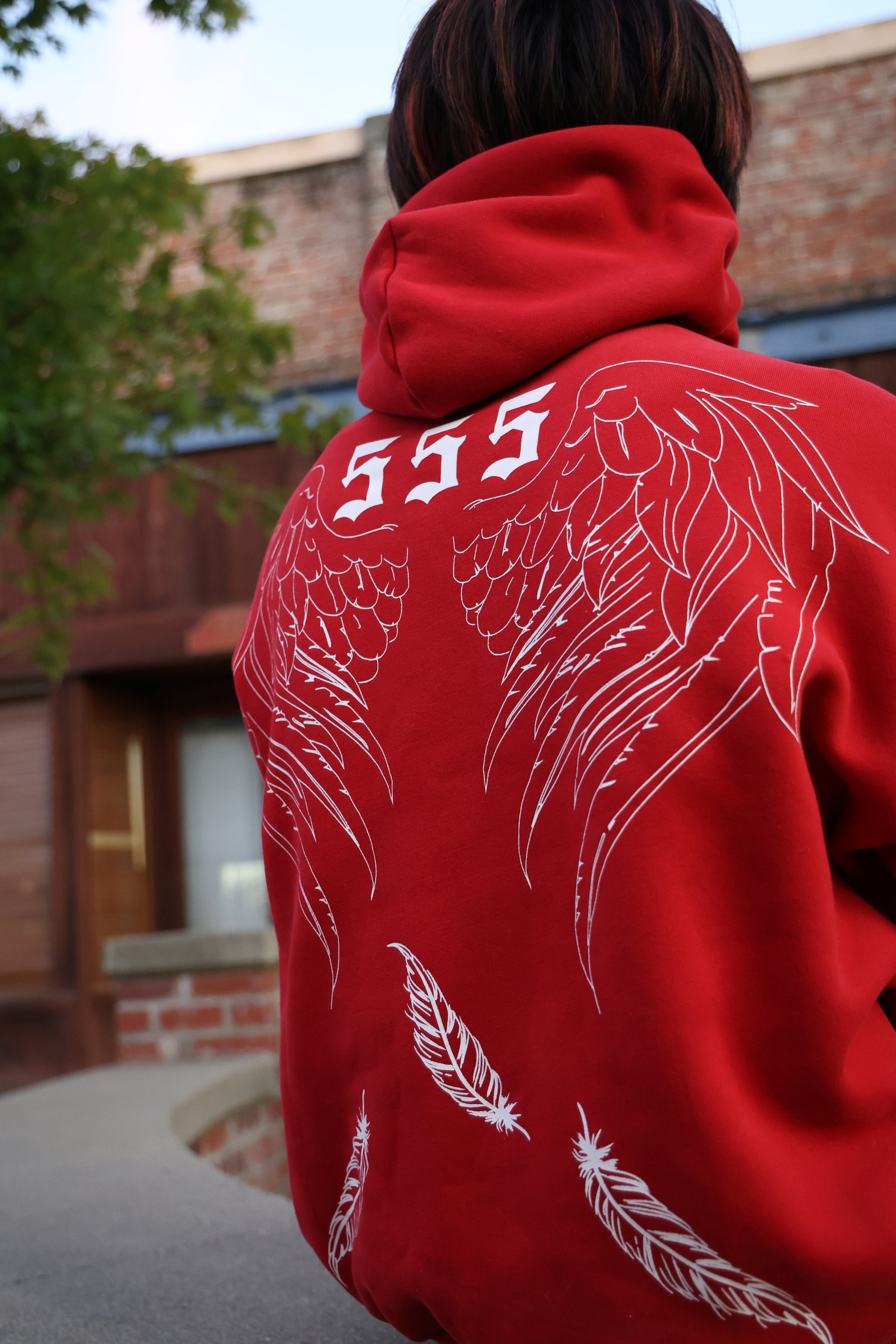 Back view of Rebirth Angel Wings Oversize Hoodie in burgundy showing falling feathers design and premium heavyweight cotton blend