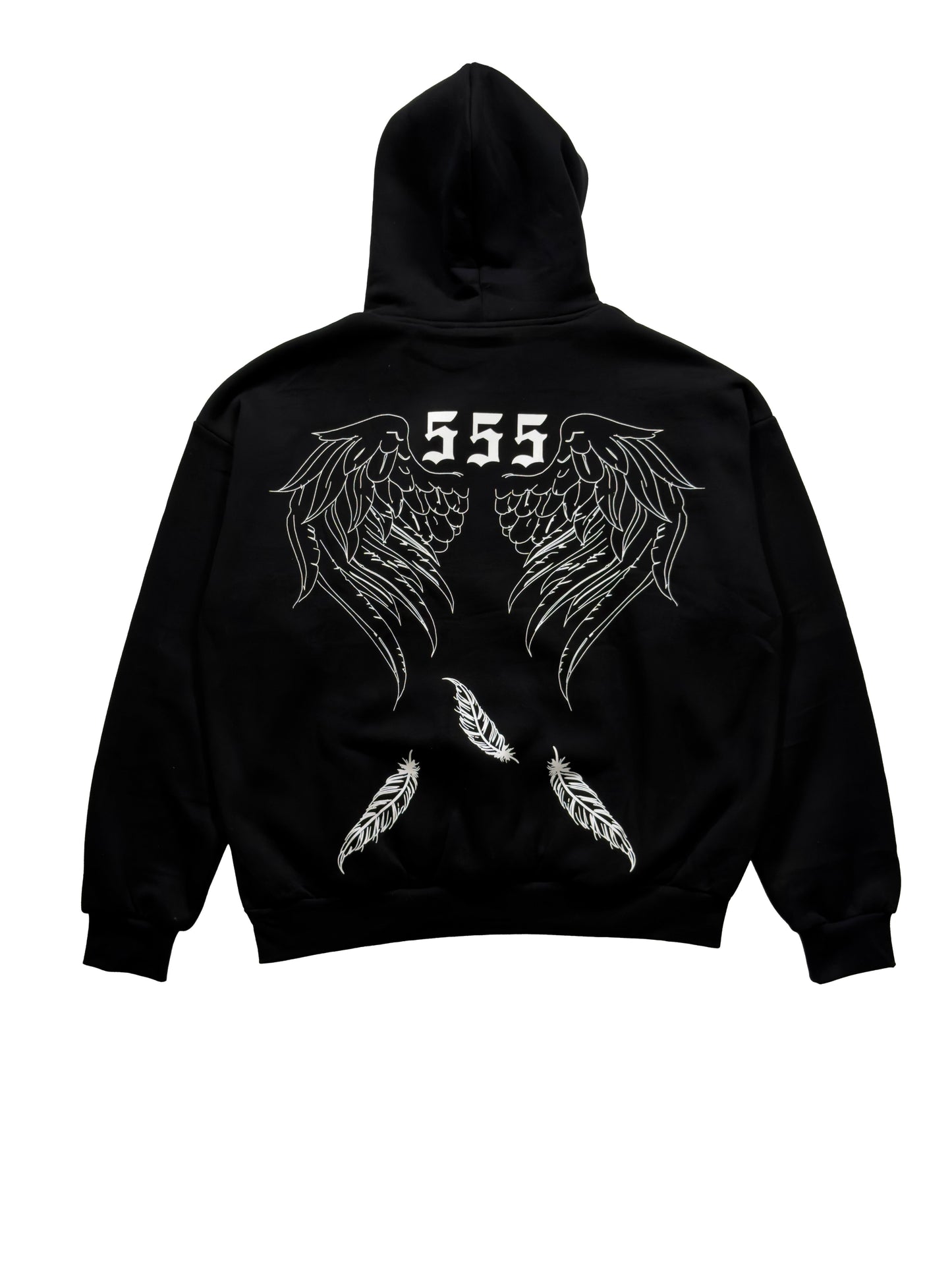 Black Rebirth Angel Oversize Hoodie with 555 angel wings and falling feathers design on back, heavyweight cotton blend fleece sweatshirt