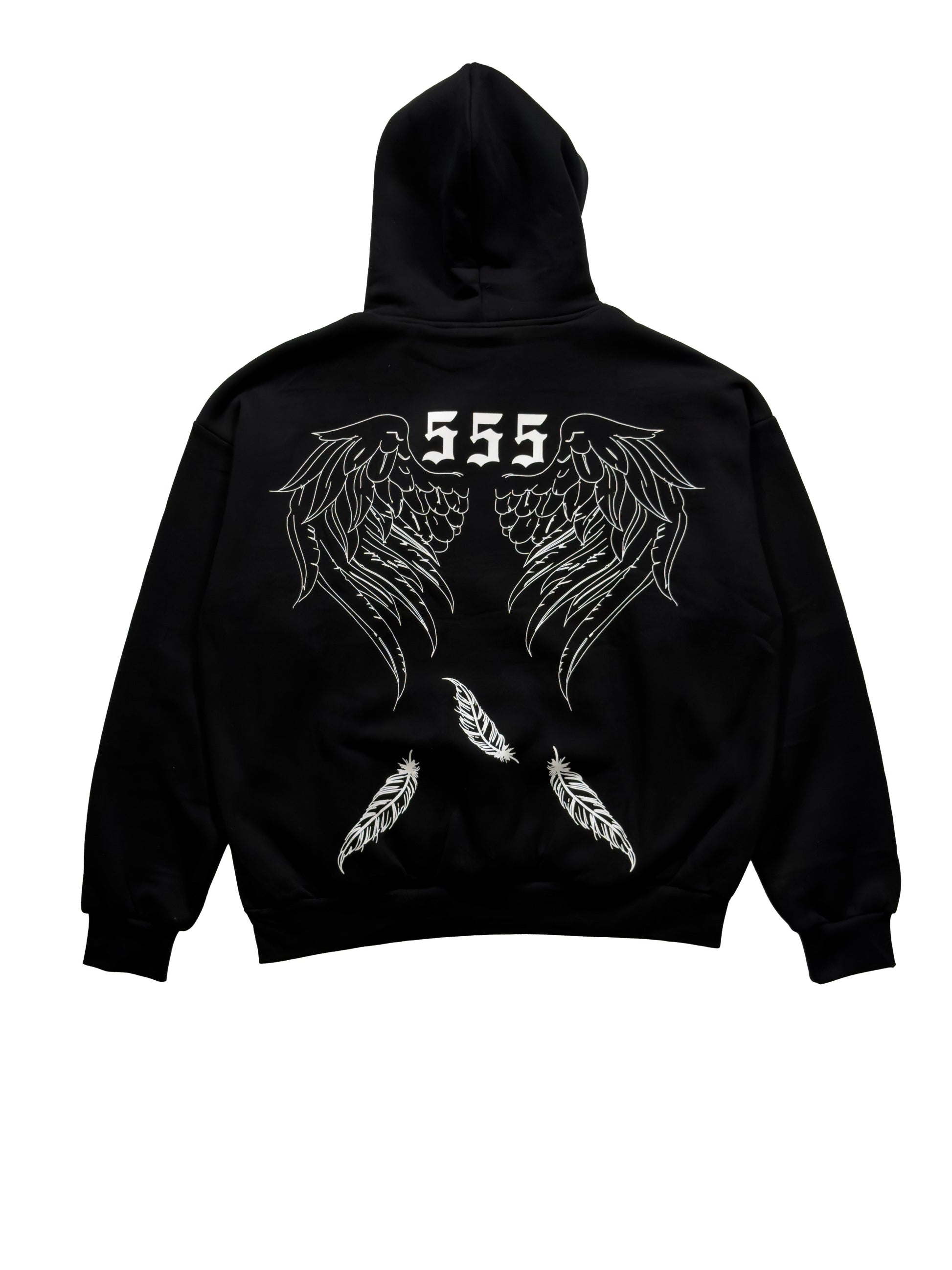 Black Rebirth Angel Oversize Hoodie with 555 angel wings and falling feathers design on back, heavyweight cotton blend fleece sweatshirt