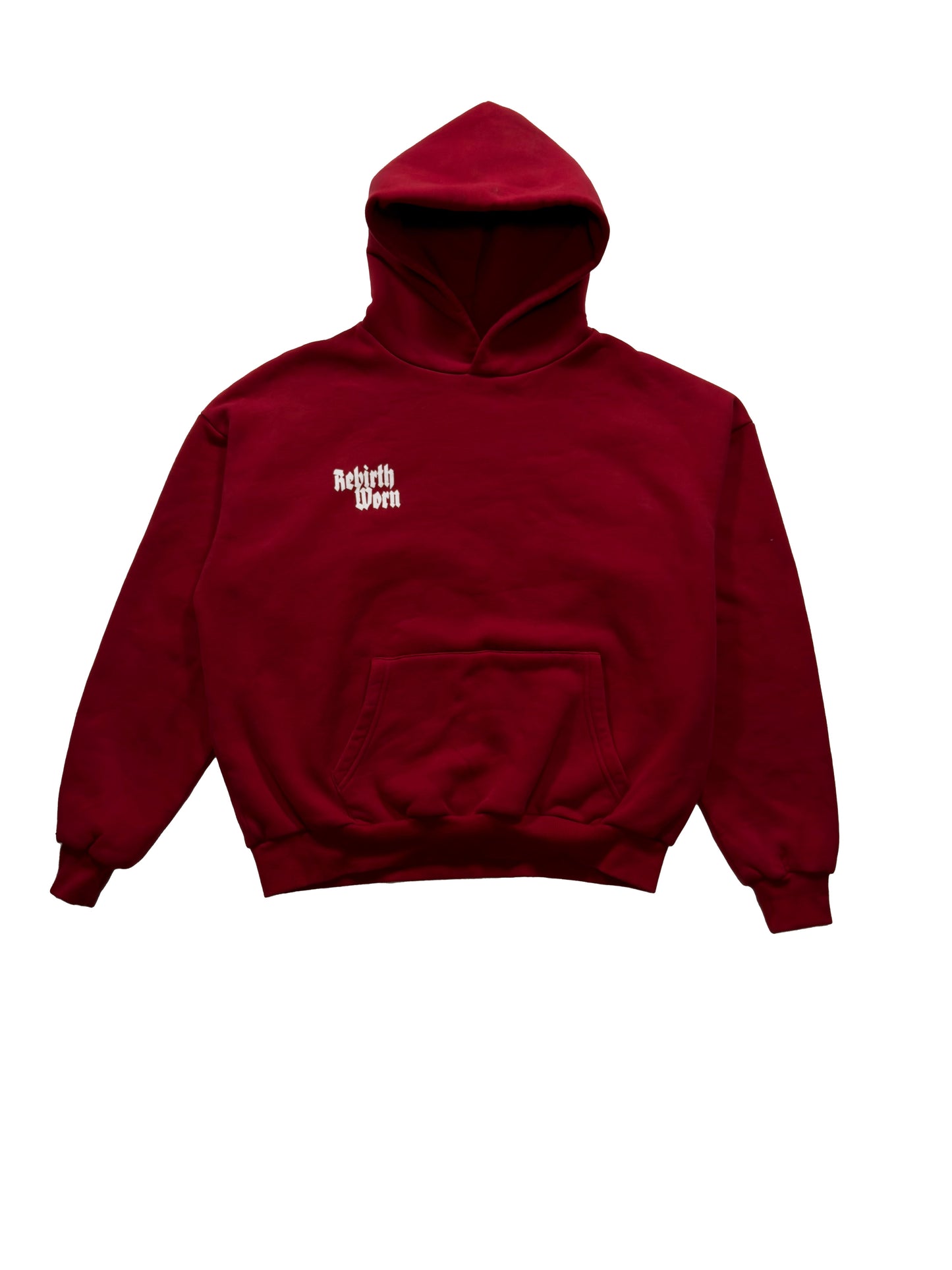 Burgundy oversized Rebirth Angel Wings Hoodie with front pocket and spiritual design elements