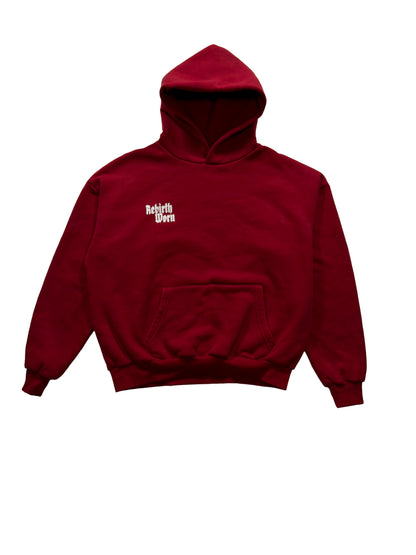 Burgundy oversized Rebirth Angel Wings Hoodie with front pocket and spiritual design elements