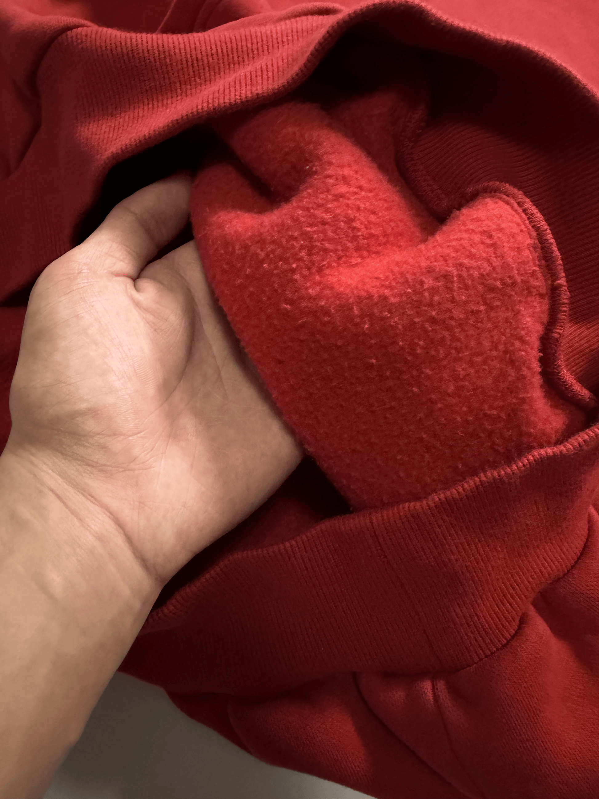 Close-up of soft fleece lining inside burgundy Rebirth Angel Wings Hoodie fabric showing premium comfort and texture
