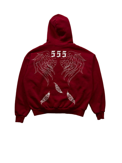 Burgundy Rebirth Angel Wings hoodie with 555 angel number and falling feathers design, oversized fit